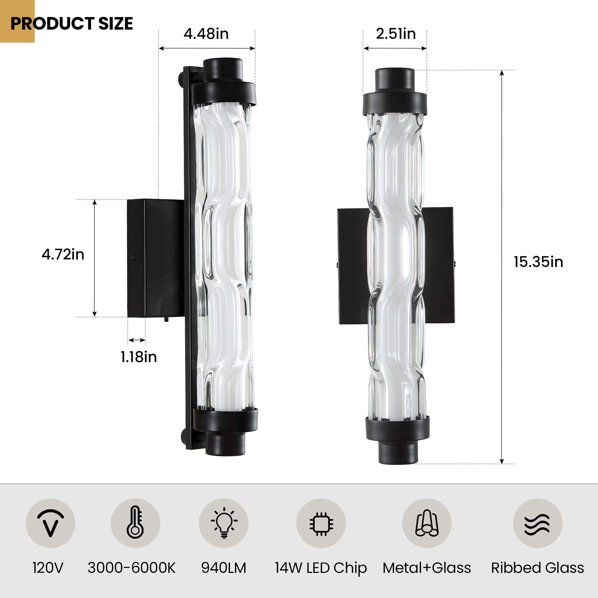 KAISITE 5CCT Modern Dimmable Indoor Wall Sconces Set of 2, Suitable for Vanity, Hallway, Bedside
