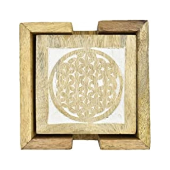 STORE INDYA Set of 4 Wooden Square Coasters with Holder for Tea Coffee Beer Wine Glass Drinks