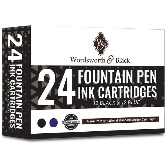 Wordsworth & Black 24 Pack Fountain Pen Ink Refill Cartridges, Standard Size 12 Black - 12 Blue Inks