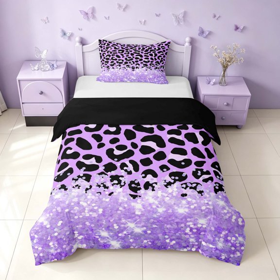 Homewish Purple Cheetah Print Twin Duvet Cover for Girls, Princess Glitters Printed Twin Bedding, Black Reversible, 2 Pieces 1 Duvet Cover and 1 Pillowcase
