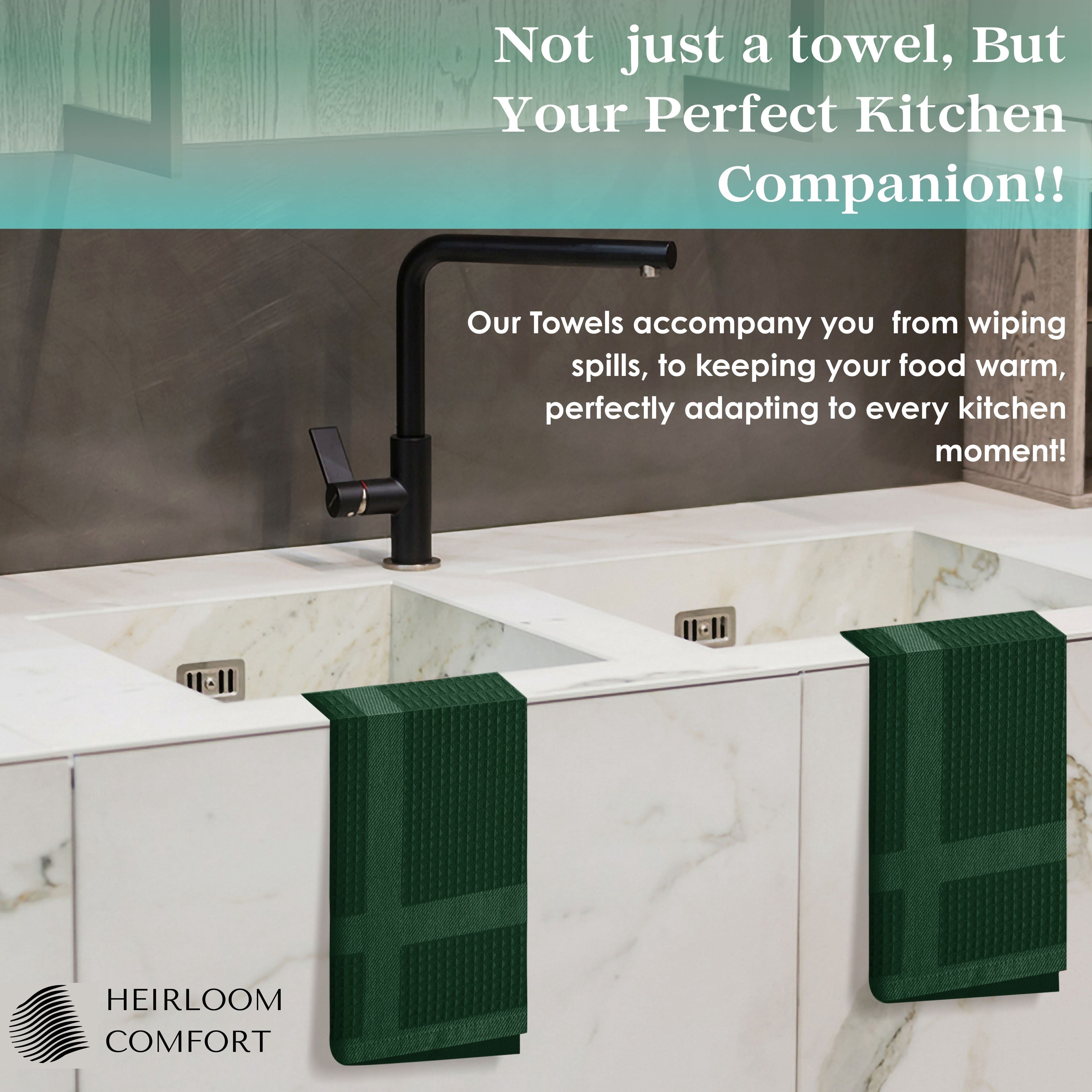 HEIRLOOM COMFORT 3 Pack Waffle Weave Kitchen Towels, 16x26 Inch, 100% Cotton, Absorbent Dishcloth Set, Quick Dry, Soft for Cleaning, Wiping, Hand Towels, Dish Rags, Wash Cloth, Durable, Forest Green