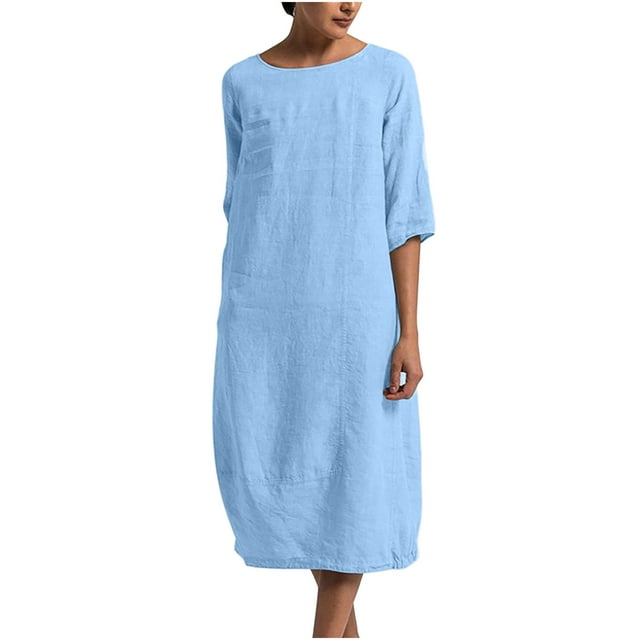 RKSTN Robe Maxi pour Femme Grande Taille Robe d'Été Simple Coton-Lin Col Rond Robe de Plage Manches Courtes Plissée Ligne A Robe Midi