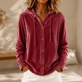 thumbnail image 2 of Fesfesfes Women's Casual Velour Hooded Sweatshirt Button Detail Long Sleeve Drawstring Hoodie with Pockets Loose Fit Solid Color for Fall Winter Daily Wear, 2 of 9