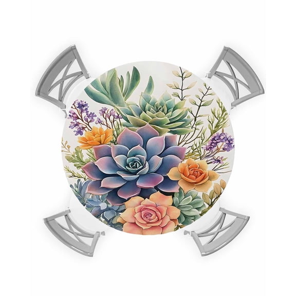 nqOlkjepod Summer Botanical Succulents Round Tablecloth, Fitted Table Cover with Elastic for 36"-44" Round Tables, Watercolor Botanical Spring Floral Table Cloth Dinning Party Waterproof Tablecloths