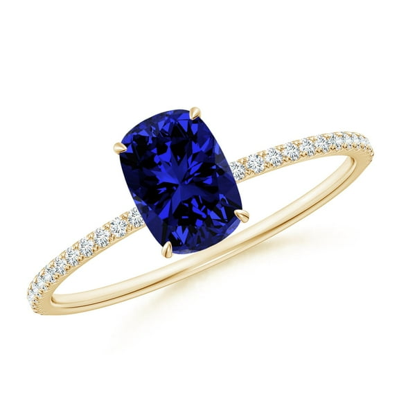 ANGARA Lab Grown 1 Ct Cushion Sapphire Ring with Lab Diamond for Women in 14K Yellow Gold (Size-7x5mm) | September Birthstone, Anniversary, Jewelry Gift for Women | Lab-Grown Blue Sapphire Ring