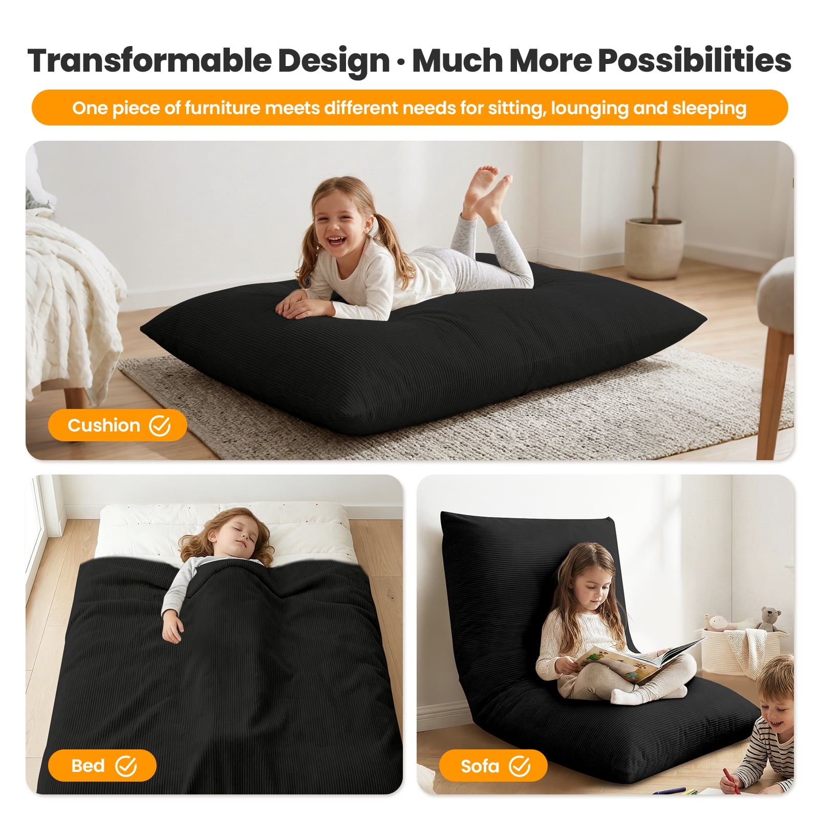 CATGOOD 3-in-1 Bean Bag Chair for Kids, Convertible kids chair with Skin Friendly Fabric for Living Room, Bedroom, Black