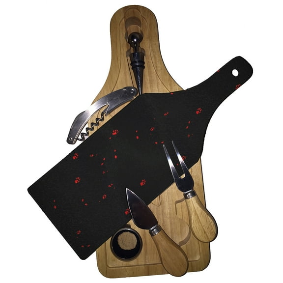 KuzmarK Wine & Cheese Glass Cutting Board Wood Box Gift Set - Kitty Cat Paw Eyes