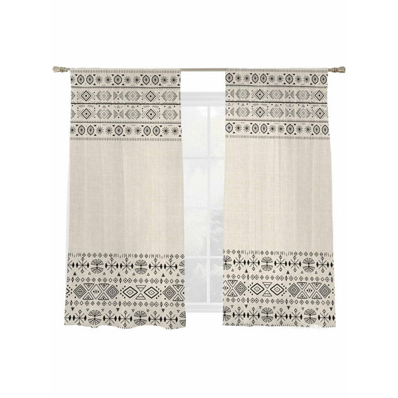 Bohemian Ethnic Sheer Curtains 72 Inch Long 2 Panels, Brown Black Lines Linen Texture Light Filtering Rod Pocket Semi Sheer Curtains, Sheer Voile Drapes for Living Room Bedroom, 52"x72"