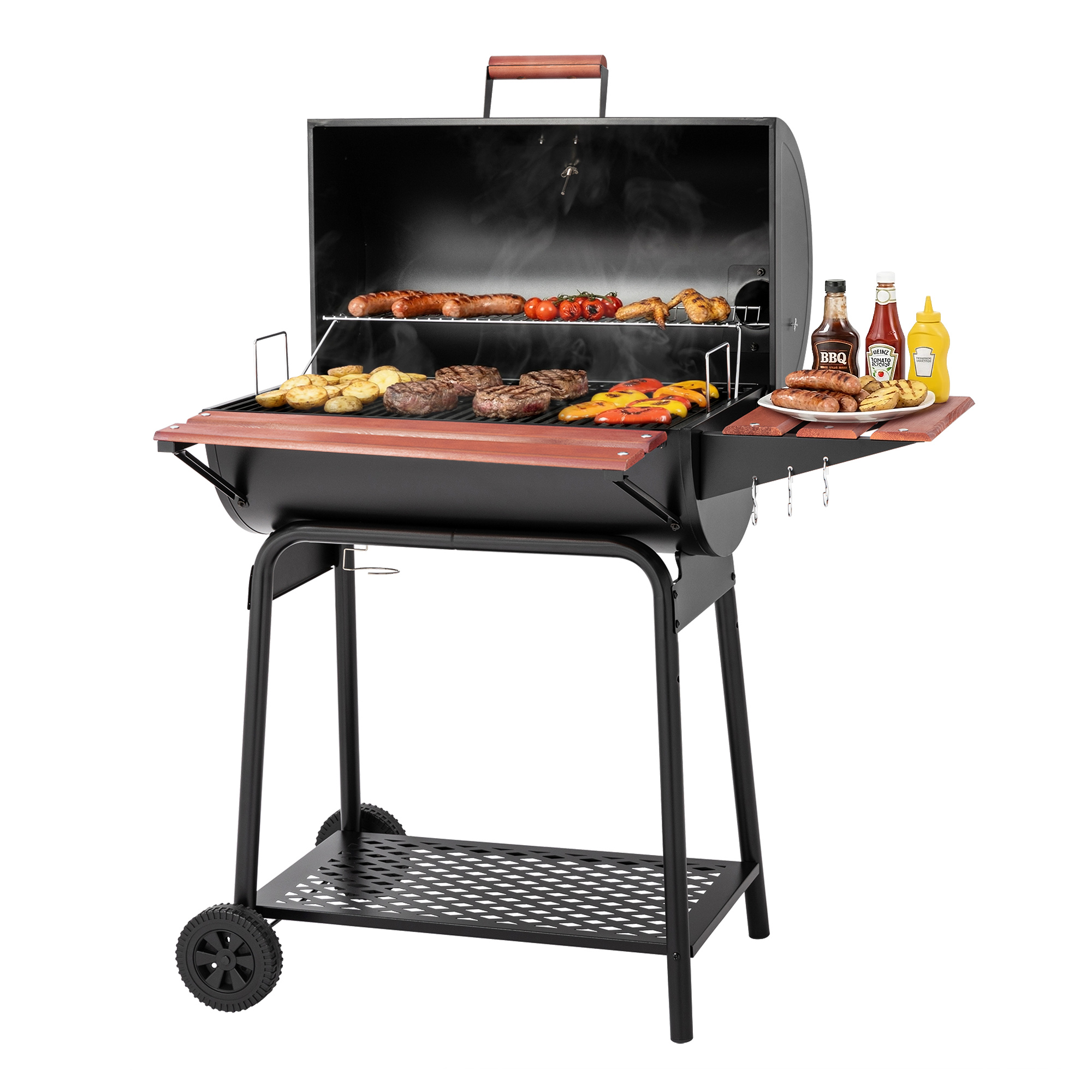 Royal Gourmet CC1830V 30" Barrel Charcoal Grill with Wood-Painted Side Table and Front Table