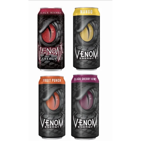 Venom Energy Drink Variety Mix – 4 Pack (Mango, Fruit Punch, Black Cherry/Mamba) – 16 fl oz Cans