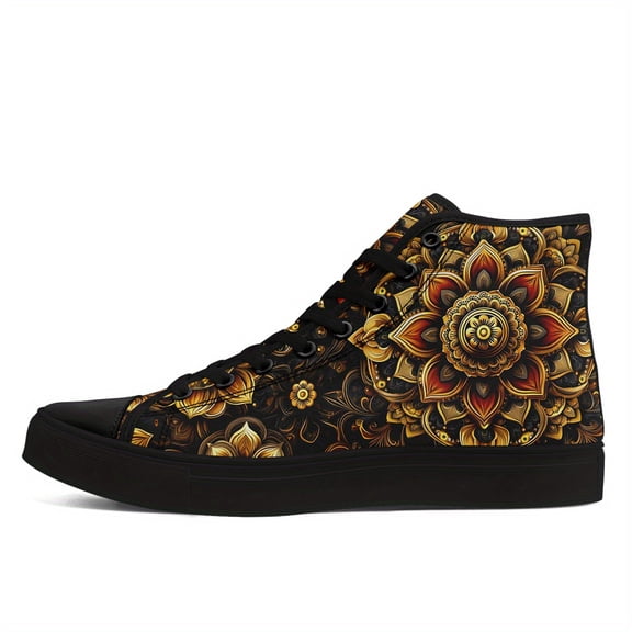 Coolcustomize Women's Cultural Inlay High-top Sneakers - Floral And Geometric Design, Breathable Upper, Lace-Up Mid-Top Casual Shoes, Versatile Footwear | Floral Pattern Casual Boots