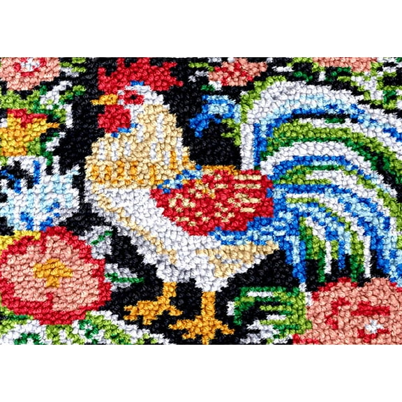 Colorful Rooster and Flowers Latch Hook Rug Kit for Adults DIY Carpet Cushion with Printed Canvas Crochet Yarn Craft Hook and Latch Tapestry for Floor Decoration Pets Warm Pads 40x60cm