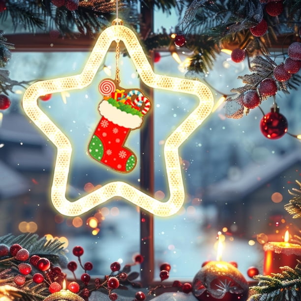 Luz LED de ventana Pentagram Running Horse - Decoración navideña colgante a pilas de 10,9 pulgadas con Papá Noel y muñeco de nieve grabados