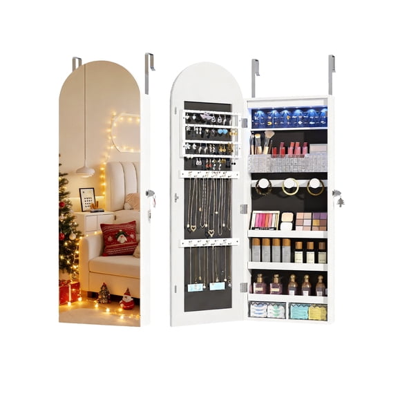 VKCC Arched Mirror Jewelry Cabinet,Over the Door or Wall Mounted Jewelry Armoire,Large Storage with Full-length Mirror,White