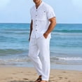 thumbnail image 5 of LEKWK 2 Piece Set for Men Short Sleeve Button Down Collared Tops and Straight Leg Pants Comfy Solid Summer Fashion Beach Vacation Casual Outfits, 5 of 8