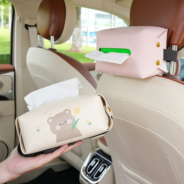Bear Car Tissue Box Cuero beige Organizador de almacenamiento de asiento trasero colgante 7.48x4.72x3.15 pulgadas Multifuncional para vehículos