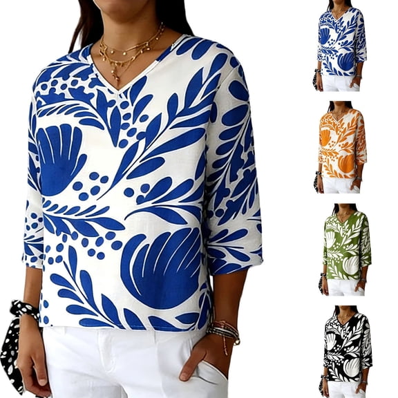 Paiwinds Women's V-Neck 3/4 Sleeve Printed Loose Fit Top Casual Blouse Soft Rayon Nylon Blend