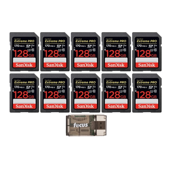 SanDisk 128GB Extreme PRO Tarjeta de Memoria SDXC UHS-I 170 MB/s (Paquete de 10) con Lector de Tarjetas USB 2.0 de Alta Velocidad Focus Todo en Uno (11 Artículos)