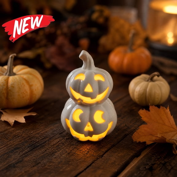 Halloween Decorations Savings, Tarmeek Ceramic Pumpkin LED Lamp Halloween Decoration, White Pumpkin Ornament with Warm Glow, Ceramic Decor for Tabletop Centerpiece, LED Lighted Decor for Home