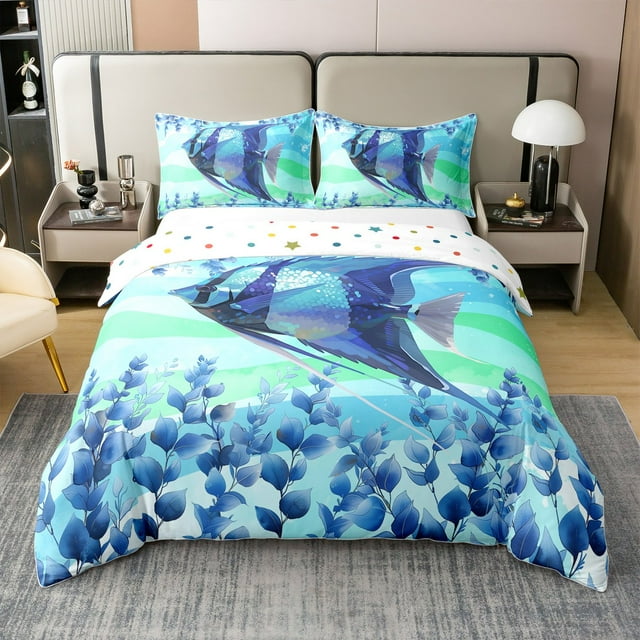 Erosebridal Housse de Couette 100 % Coton Poisson de Mer Double, Literie Bleue Format Double, Déco Animaux Marins, Réversible 3 Pcs (Sans Couette)