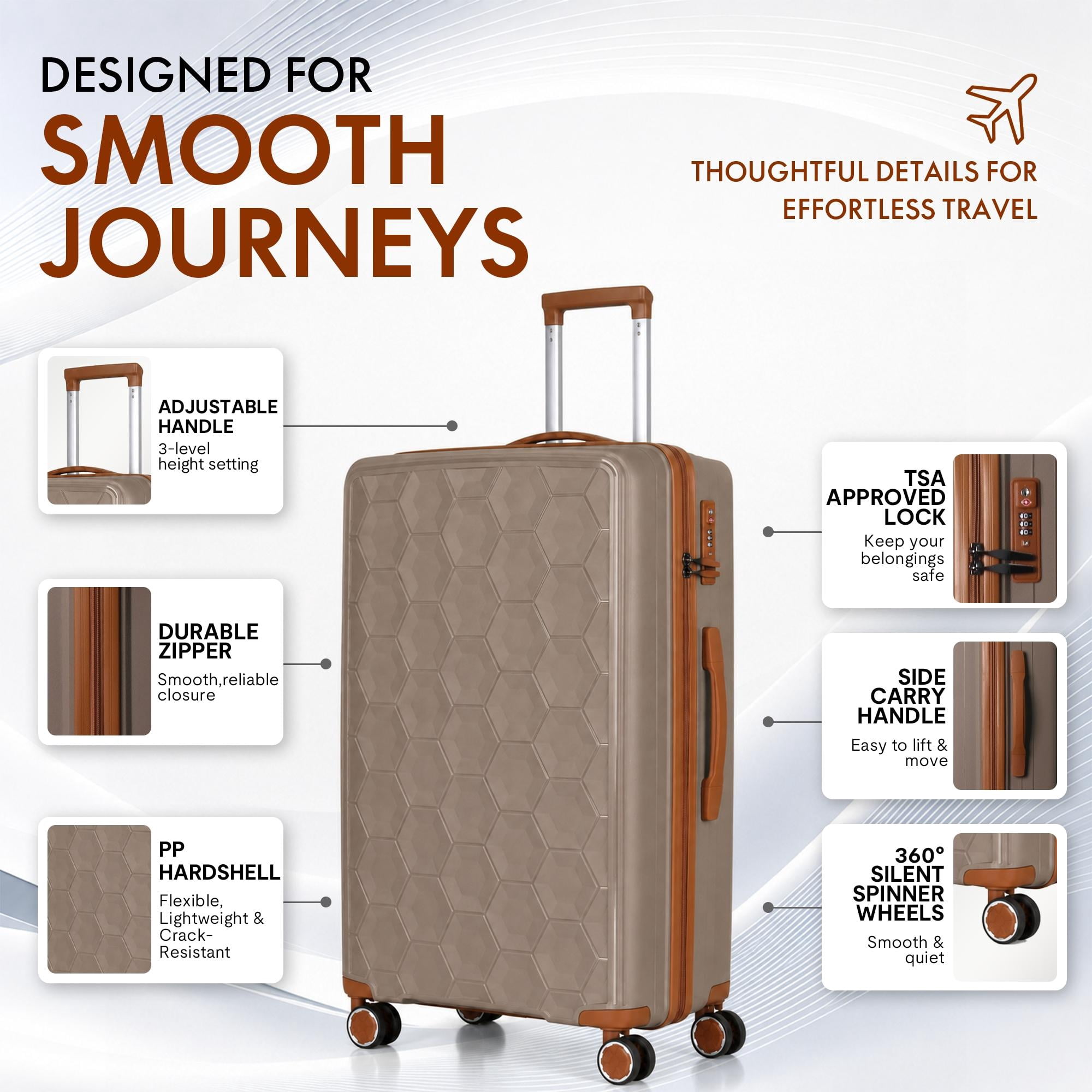 3-Piece PP Hardshell Luggage Set, Lightweight Scratch-Resistant Suitcases with Silent Spinner Wheels & TSA Lock, Coffee Brown
