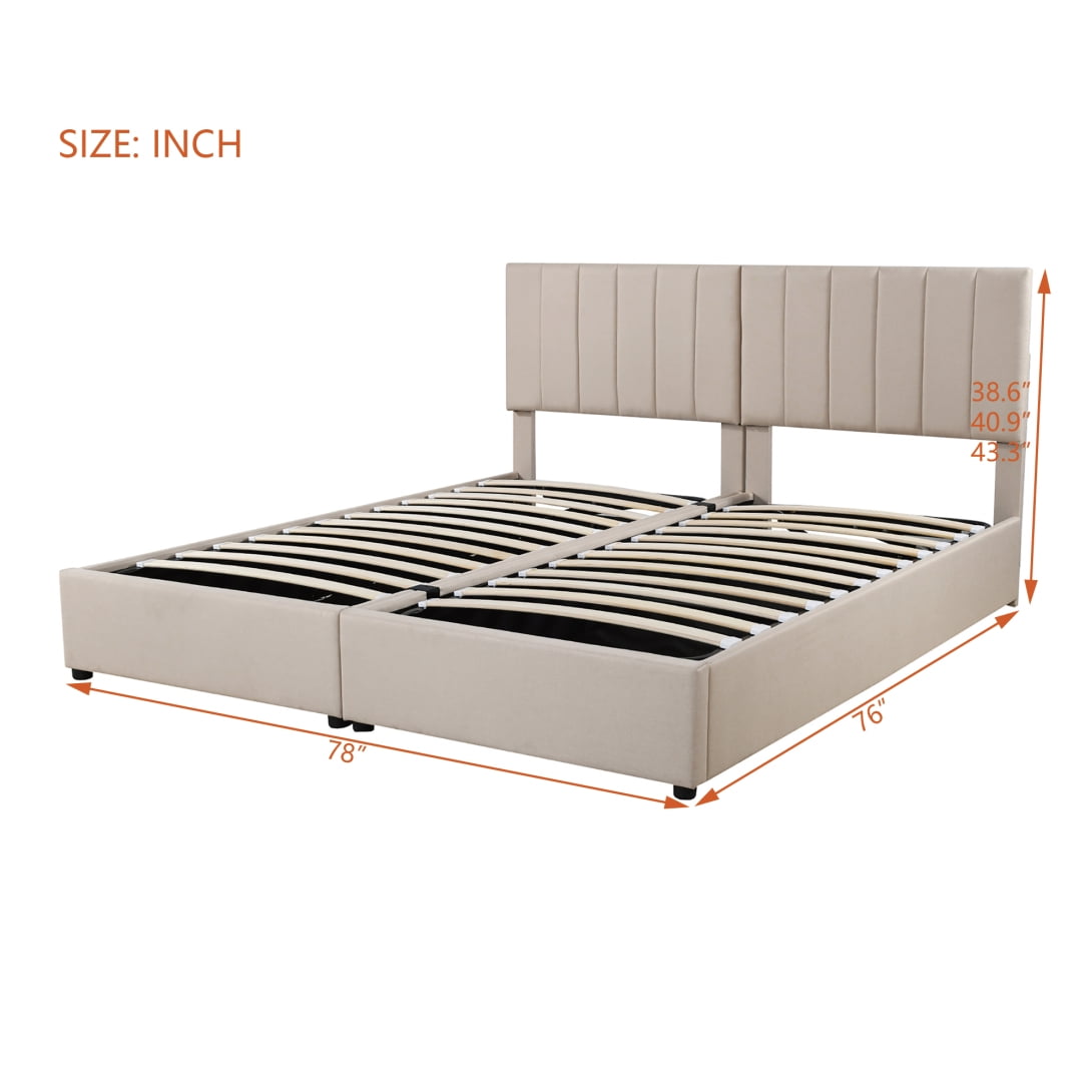 King Size Lift up Storage Bed Frame, Upholstered Platform Bed with Headboard & Hydraulic Storage & Wood Slats Support, No Box Spring Needed, Beige