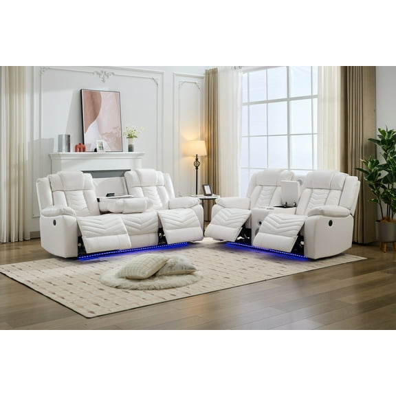 Manual M073 32 2 Pieces Power Reclining Sofa Sets,Technical leather Power reclining Loveseat Power recliner w/ wireless charger / LED strip for Living Room,White