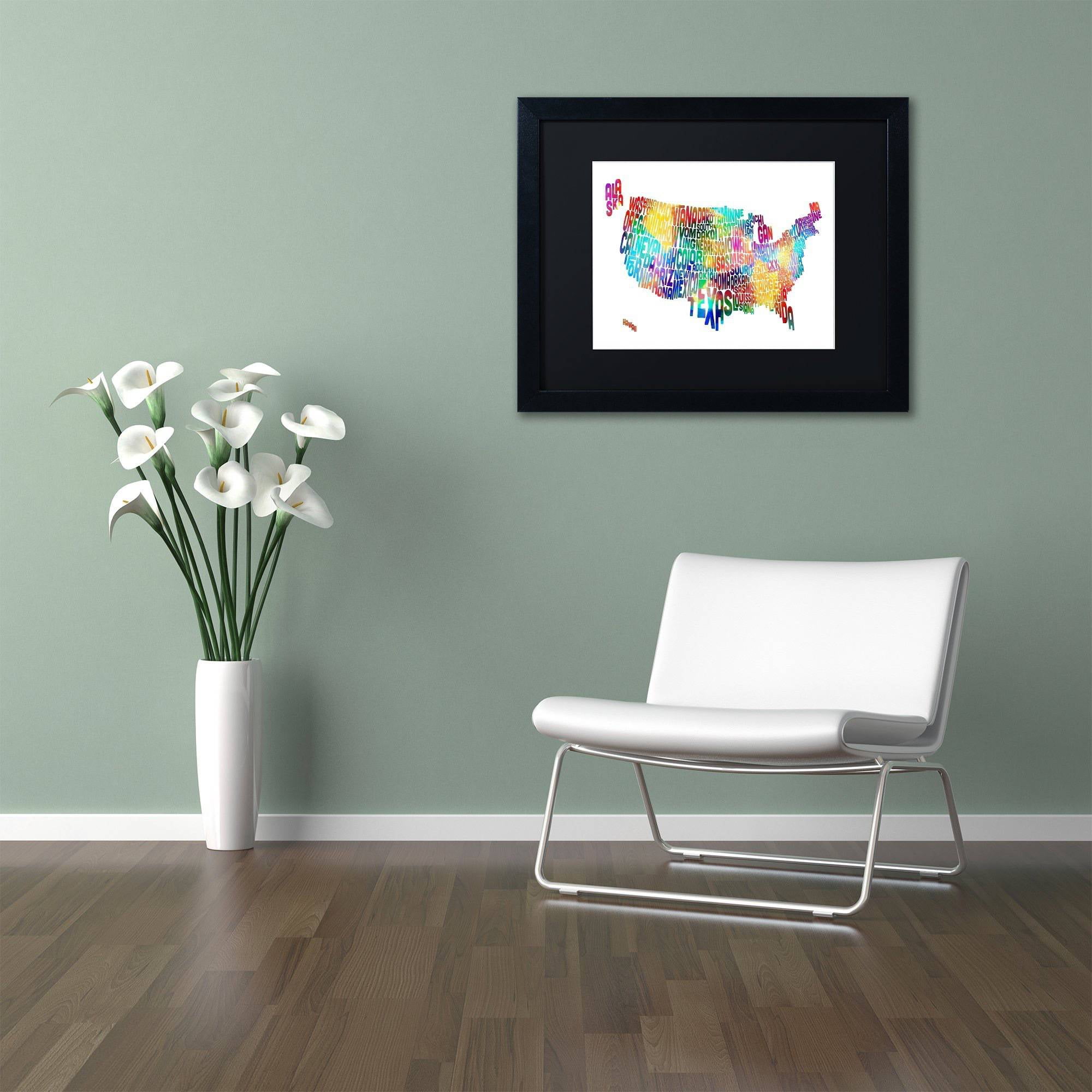 Trademark Fine Art 'United States Typography Map 2' Canvas Art by Michael Tompsett, Black Matte, Black Frame