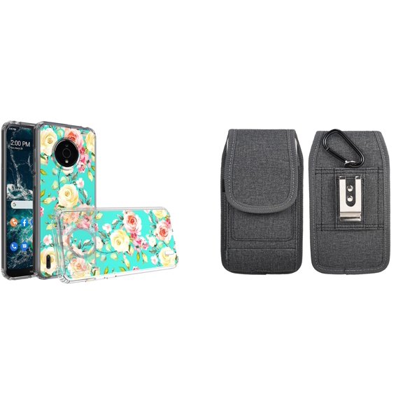 Case and Pouch Bundle for Nokia C200: Slim Series TPU Protector Case (White Pink Flowers on Teal) and Vertical Nylon Fabric Belt Holster (Grey)