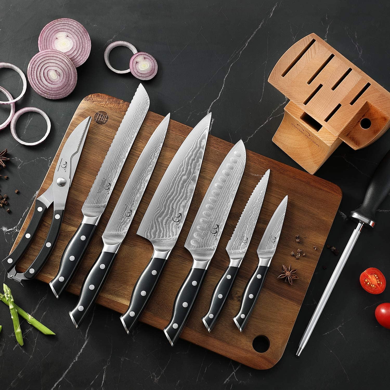 Nanfang Brothers Damascus Kitchen Knife Set w/ Ash Storage Block, 4 Pieces  