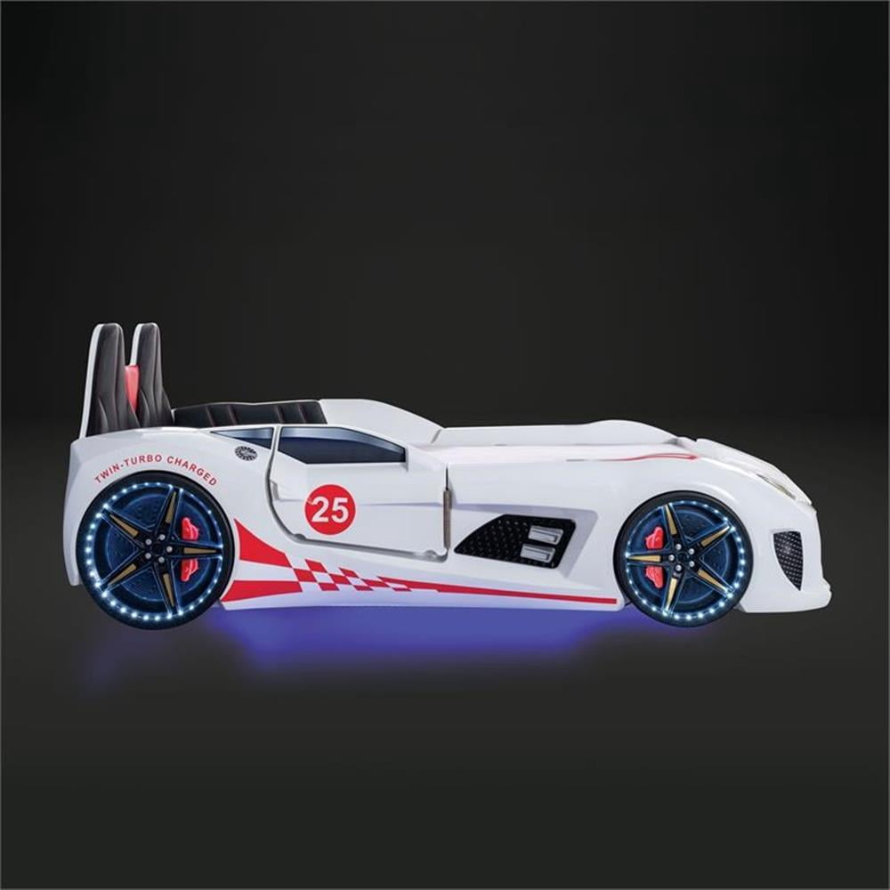 Furniture of America Sonet Plastic Twin Race Car Bed with LED Light in White