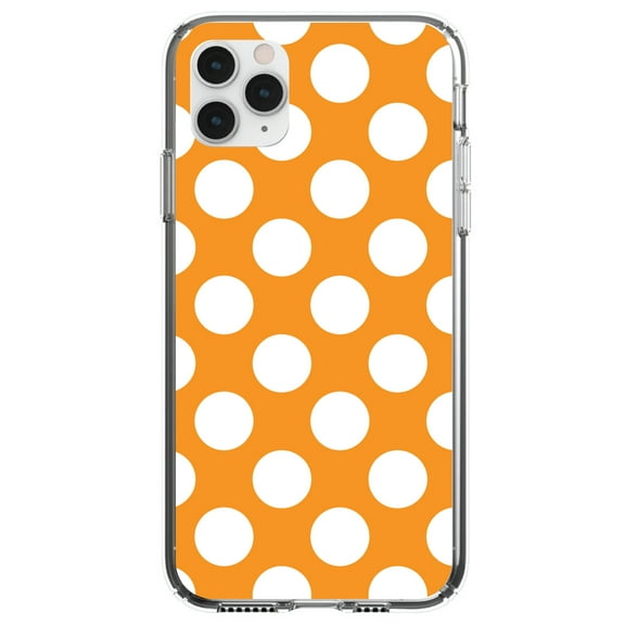 DistinctInk Clear Shockproof Hybrid Case for iPhone 13 PRO (6.1" Screen) - TPU Bumper, Acrylic Back, Tempered Glass Screen Protector - White & Orange Polka Dots
