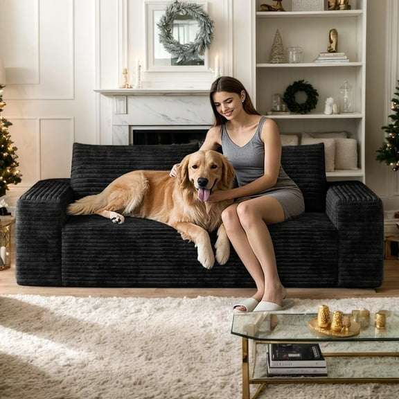 63" Corduroy Boneless Couch, 2-Seater Compression Sofa with 2 Throw Pillows, No Assembly Required, Comfy Loveseat Sofa in a Box, Deep Seat, Modern Couches for Living Room