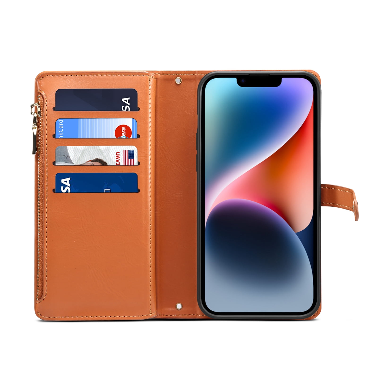 Dteck Wallet Case for iPhone 13 6.1 Inch, Leaf Pattern Luxury PU Leather RFID Blocking Card Slots Holder Zipper Pocket Flip Case with Kickstand Magnetic Crossbody Strap Phone Cover,Brown