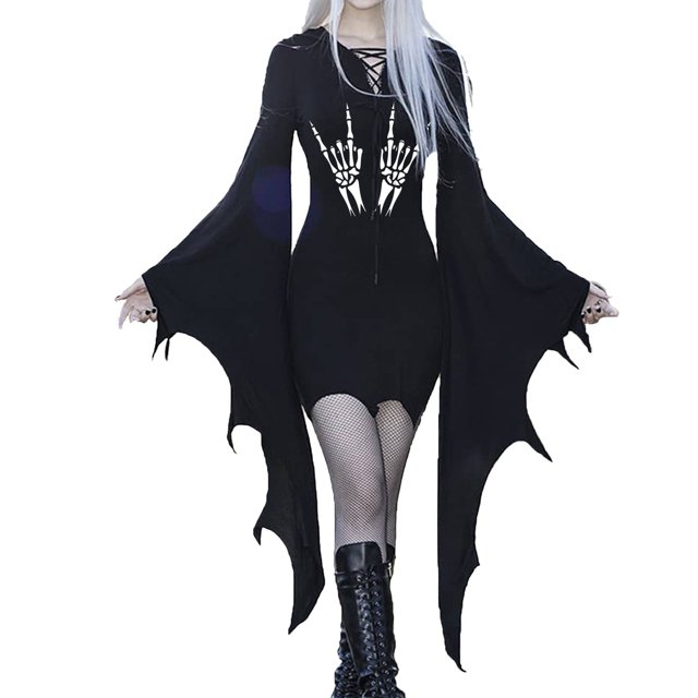 De Vestido gótico de alas de murciélago negras para mujer con estampado de corazones, disfraz de Halloween, ropa de fiesta, moda gótica