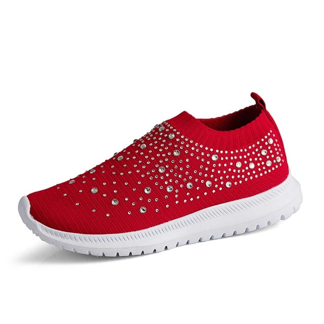 GPOECD Chaussures pour Femmes Décontractées en Maille Respirante à Semelle Plate Chaussures de Marche Confortables pour Usage Quotidien avec Design en Strass Chaussures pour Femmes Rouge,39