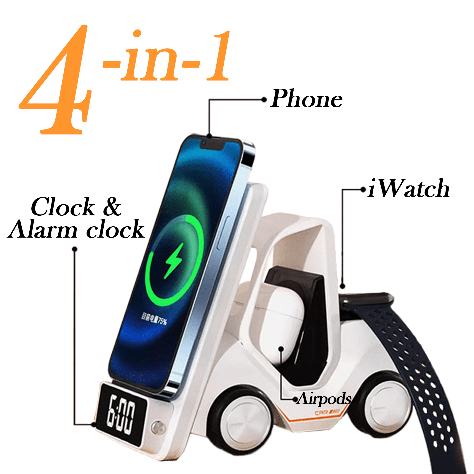 4 in 1 Wireless Charging Station Alarm Clock, Charging Dock for Apple Devices, Charger Stand for iPhone 16 15 14 13 12 11 Pro Max for Apple Watch & AirPods