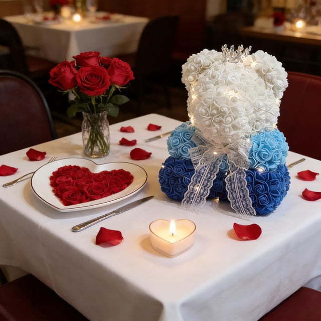 Adornos de plástico, adornos navideños, oso de peluche rosa de San Valentín, osos de rosas artificiales de 25 cm con luces, incluye caja de regalo transparente, adornos de Halloween, decoración de oto