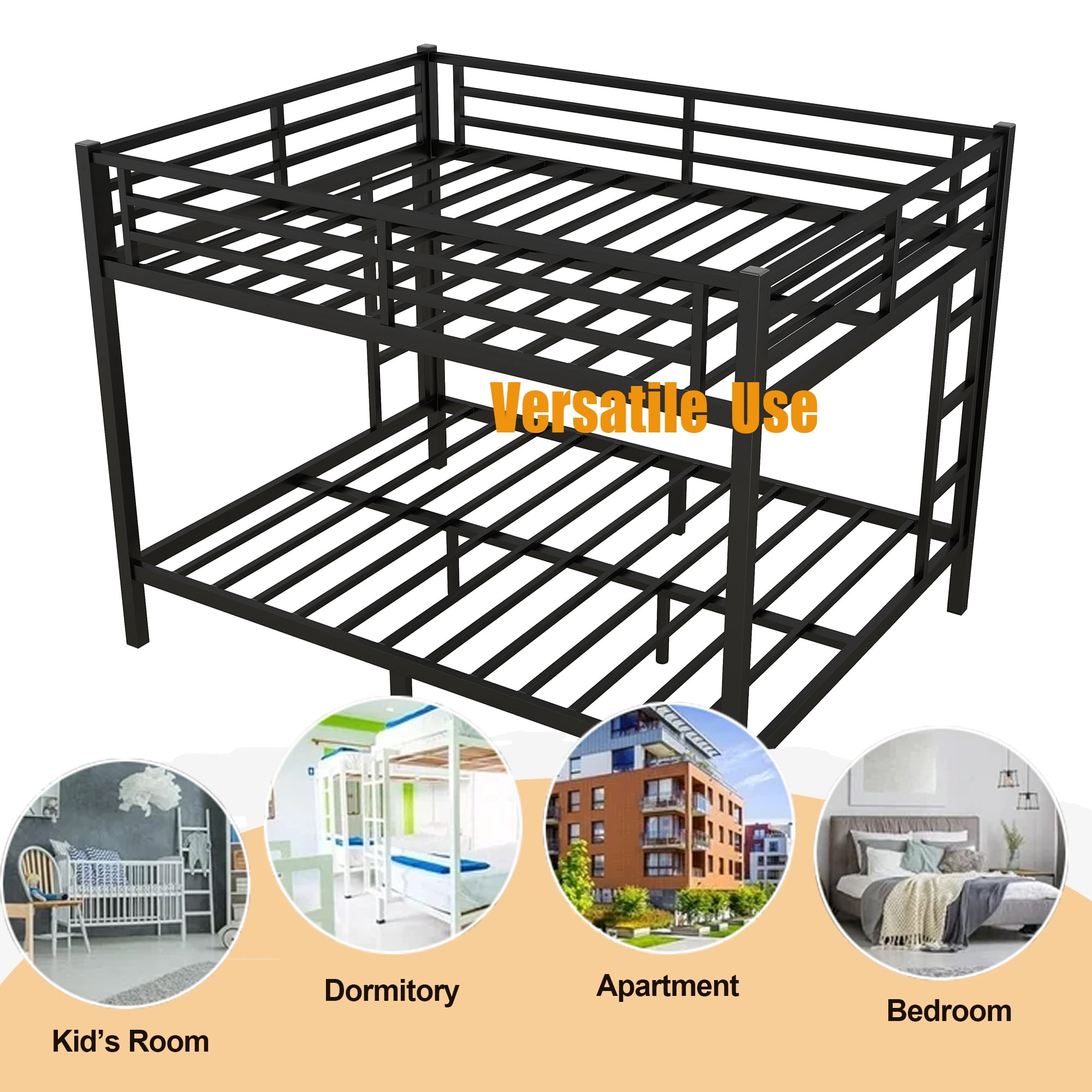 Queen Over Queen Bunk Bed Frame, Heavy Duty Metal Bunk Beds with with 2 Side Ladders, Industrial Style Queen Size Bunk Bed for Bedroom-Black