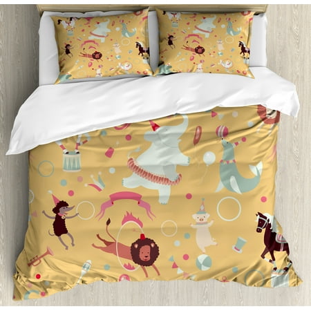 - Circus King Size Duvet Cover Set, Retro Cartoon Circus Theme with Seal Holding Ball on His Nose in Balance and Others, Decorative 3 Piece Bedding Set with 2 Pillow Shams, Multicolor, by Ambesonne