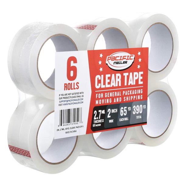 Cinta de embalaje Pacific Mailer, transparente, 2,7 mm, 65 yardas, 6 rollos