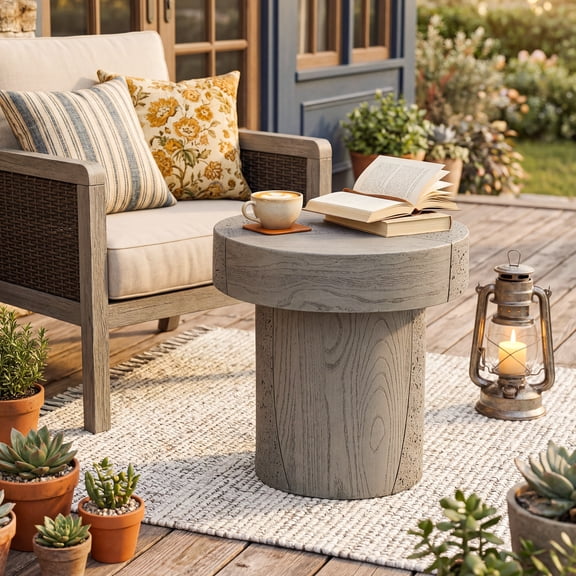 FOROUTIA 19.8" Cylindrical Wood Grain Outdoor Side Table, Weather Resistant MgO Patio Accent Table, Dark Gray