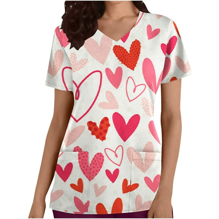 YWDJ Valentine s Day Holiday Womens Scrub Tops Hearts Print with V