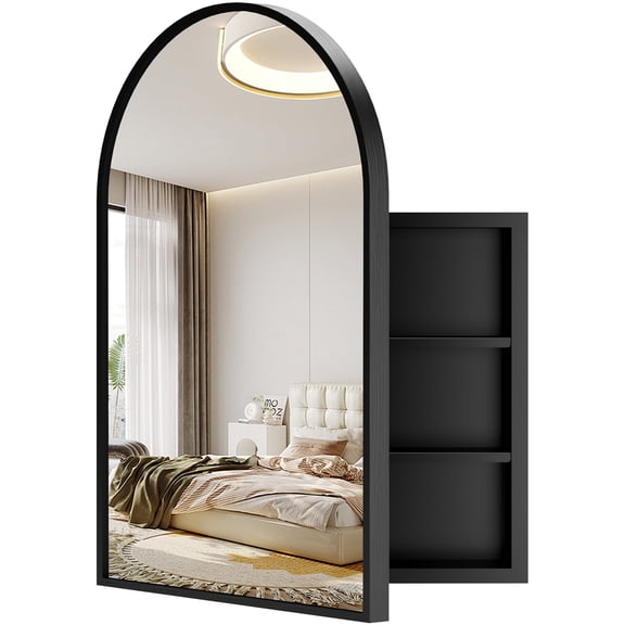 Medicine Cabinets for Bathroom, Black Arched Medicine Cabinet, Recessed or Surface Wall-Mounted,Modern Bathroom Vanity Mirror with Storage, Mirrored Cabinet with Shelves,36x24 Inch
