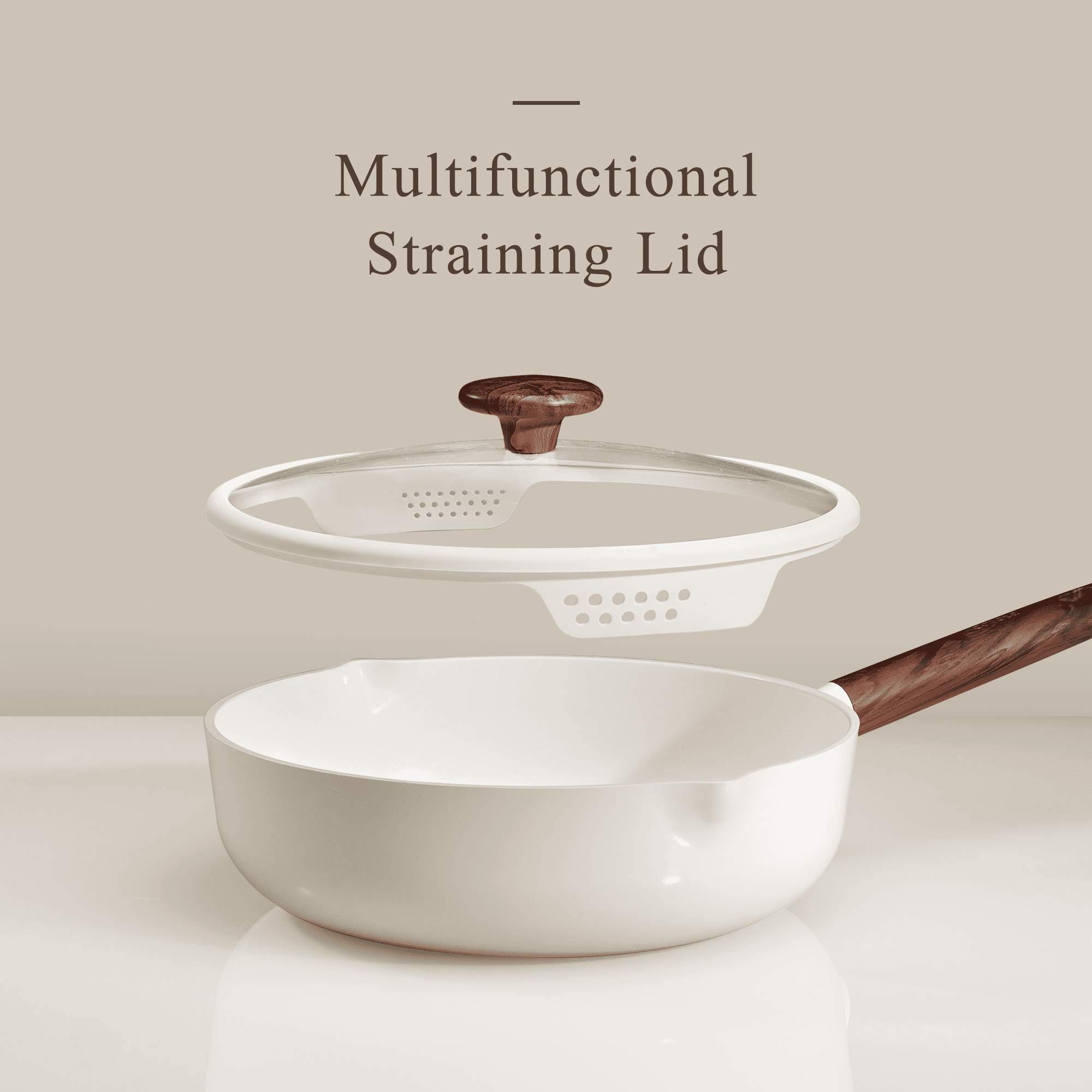 Carote 5 QT Ceramic Nonstick Sauté Pan with Strainer Lid, 11" Deep Frying Pan, Induction Compatible, Easy to Clean, White