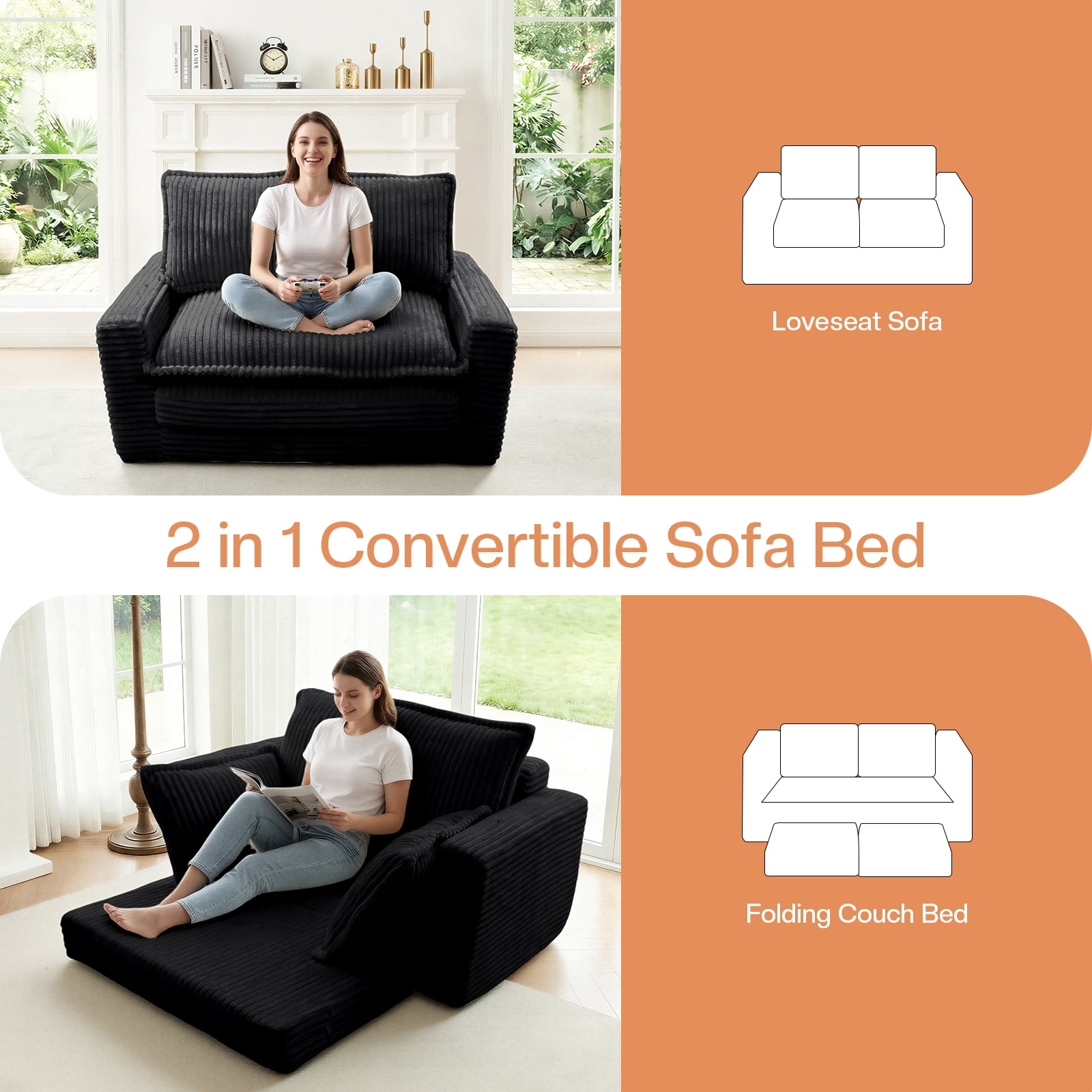 Kelyda Convertible Sofa Bed, 2 in 1 Modern Cloud Boneless Sofa Bed Loveseat Couch Sleeper Chairs for Living Room Black