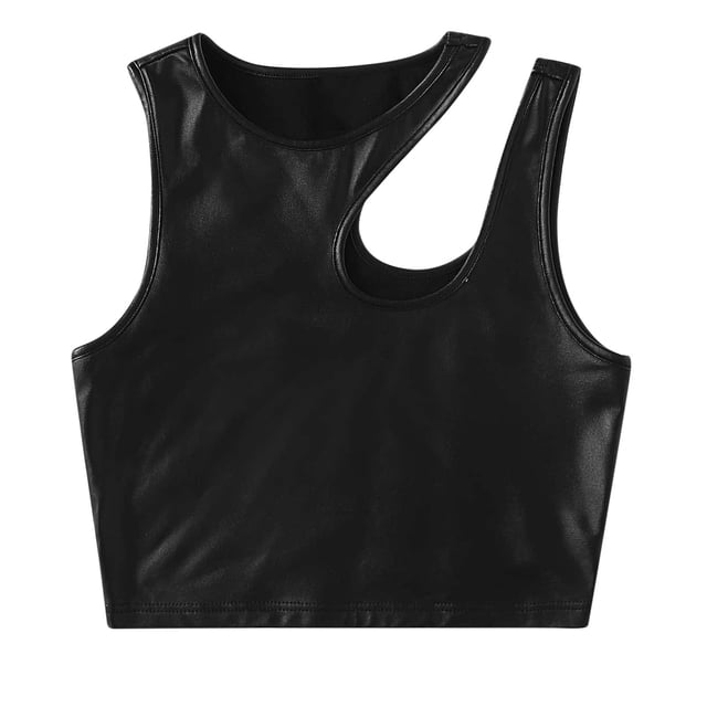 Camiseta sin mangas con tirantes de cuero para mujer - Chaleco corto sexy de charol - Poliéster, sin mangas - Tallas US S-XL, color liso, estilo informal para el día a día