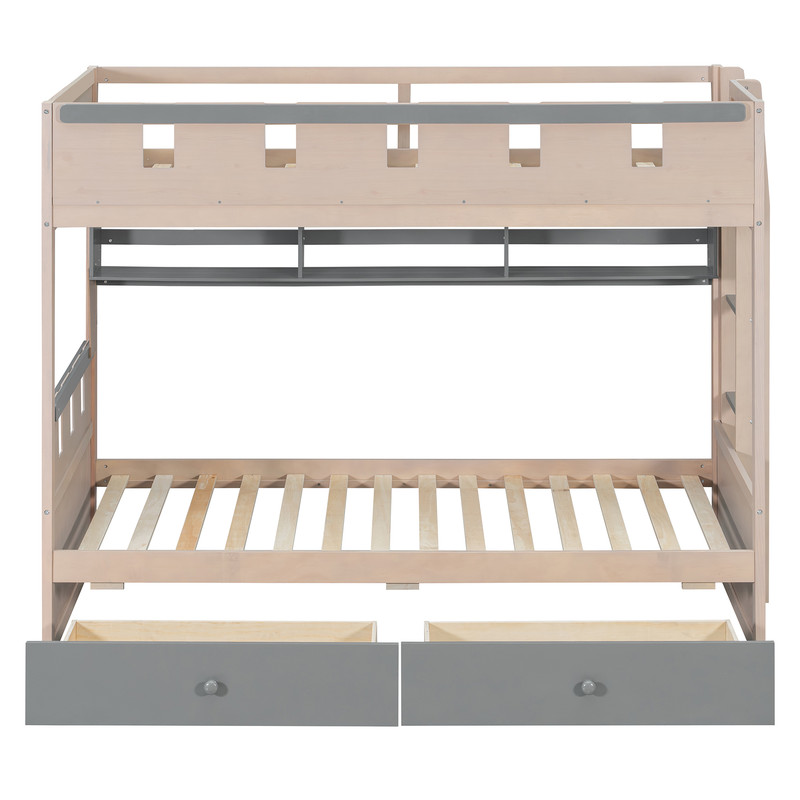 Twin Size Castle-Designed Kids's Bunk Bed with Built-in Ladder & LED Strip, Storage Wooden Bed Frame with 2 Drawers & Shelves