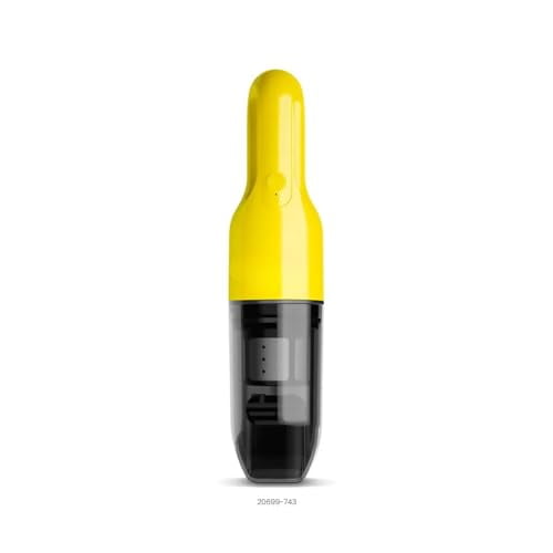 aspiradora de mano karcher color amarilla frontal, diseño ligero y compacto con carcasa superior amarilla y depósito transparente oscuro que muestra el sistema de filtro de dos posiciones; ideal para migas, polvo y cabello en cocina, dormitorio y automóviles y también adecuada para limpiezas rápidas en rincones y asientos.