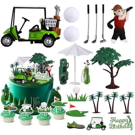19 Pieces Golf Cake Topper Birthday Decorations Party Supplies With Clay Figurine Cart Sun Umbrella Ball Green Tree for Themed Cake Decorations Party Favors